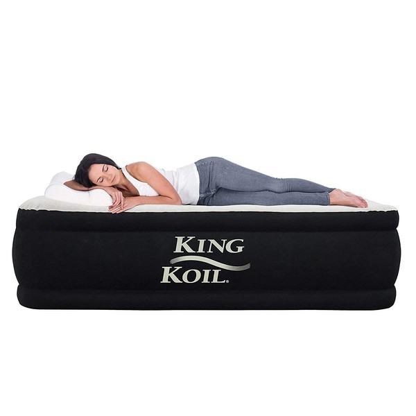 King Koil California King Luxury Raised Air Mattress with Built-in 120V AC High Capacity Internal Pump Comfort Quilt Top California King Airbed for Home Camping Travel 1-Year Manufacturer Guarantee