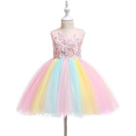 IZKIZF - Disfraz de unicornio para niñas, vestido de tul con diadema, para fiestas de cumpleaños, carnaval, cosplay de arco iris 4-5T