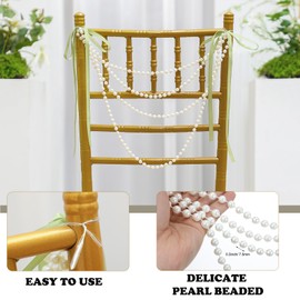 Wonderjune 16 Pcs 16 Pcs Wedding Pearl Bow Chair Decor Satin Ribbon Bows with Pearl Beaded String Garland Aisle Chair Sashes Decorations for Ceremony Coquette Party Banquet Decor (Sage Green)