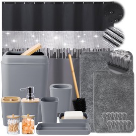 Bath Accessories Set with Glitter Shower Curtain and Bath Mats, 12 Piece Grey Shower Curtain with Stainless Steel Hooks,Bathroom Accessories Set Complete for Home Decor