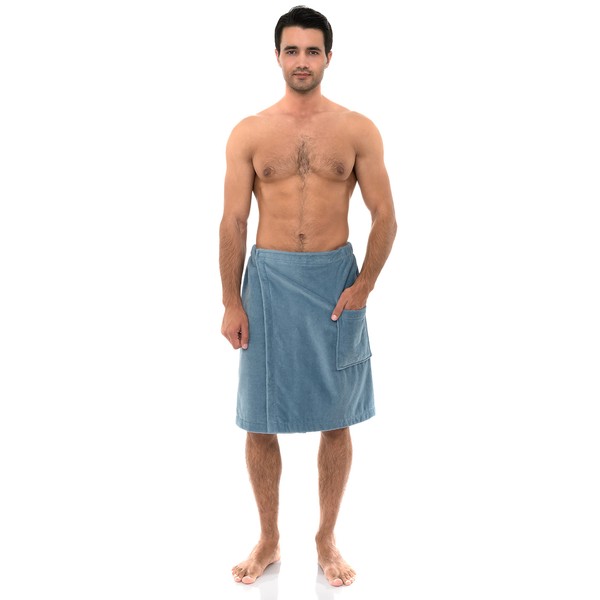 TowelSelections Mens Shower Wrap Adjustable Cotton Terry Velour Wrap Gym Body Cover Up Large/X-Large Faded Denim