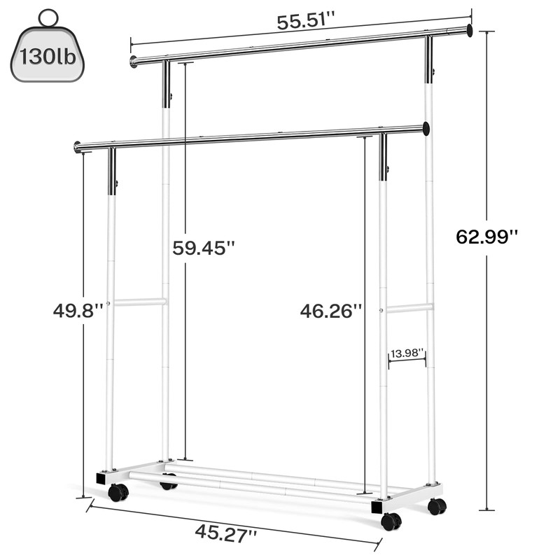 VICERII Double Clothing Rack, 55.51 Inch Garment Rack with Wheels