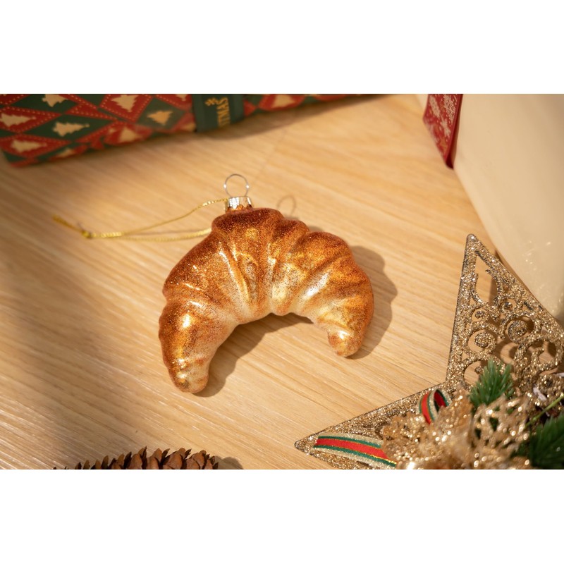 2 Count Hand Blown Glass Croissant Bread Christmas Ornaments for