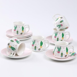 GuangYang Porcelain Espresso Cups with Saucers - 2.5 Ounce - Set of 6, Cactus Pattern for 6-13 Years Old
