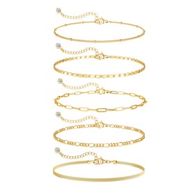 DEARMAY Dainty 14K Gold Chain Bracelets for Womens Trendy Waterproof Real Gold Plated Jewelry Set Fashion Stackable Beaded Figaro Herringbone Link Bracelet Pack Stack Gifts for Women