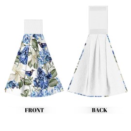 PDDCWAY Blue Hydrangea Hanging Hand Towels Set of 2 Watercolor Spring Flower Bird Kitchen Towels with Hanging Loop Green Leaf Dish Cloth Towels Soft Absorbent Fingertip Bath Tie Towels for Bathroom