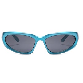 YUELUQU Y2K Wrap Around Sunglasses Men's Women's Futuristic Outdoor Sports Sunshade UV400 Glasses (Blue Frame/Grey Lens)
