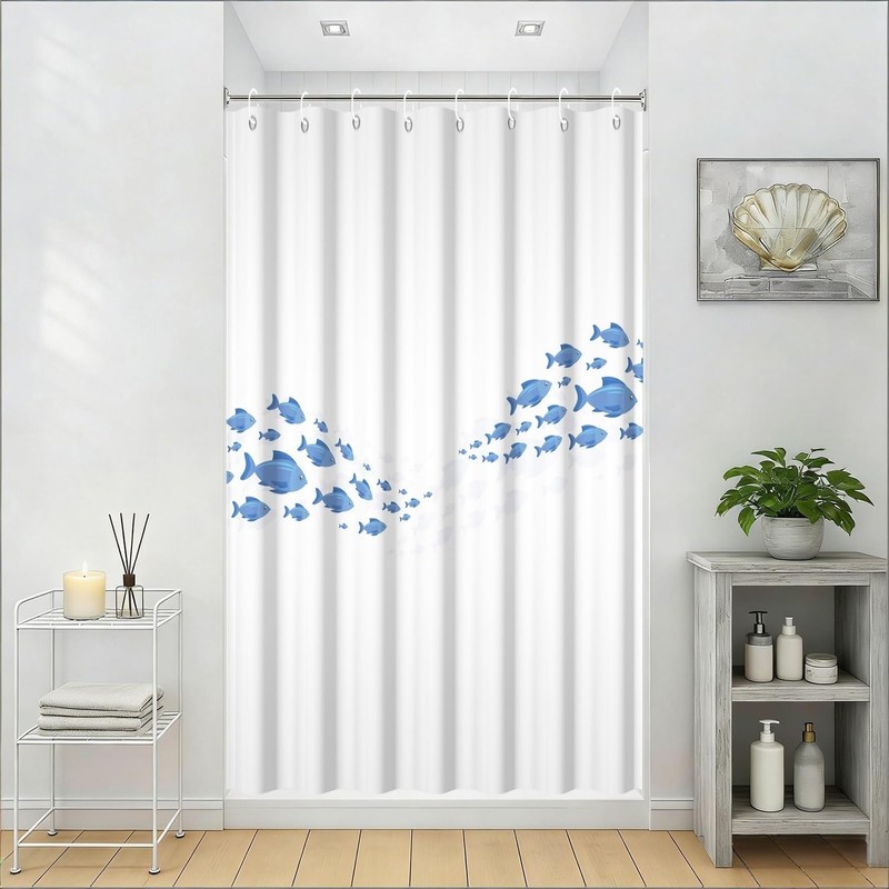 Yeele School of Fish Minimalist Ocean Wave Shower Curtain, Blue
