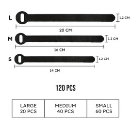 ARMIZ 120 PCS Cable Management Ties, 5+6+8inch Multi Size Cord Wraps Black, Tidy Reusable Wire Ties for Cords, PC, TV, Computer & Desk