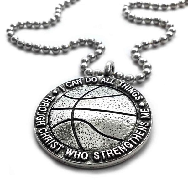 Basketball Necklace"I Can Do All Things Through Christ" Antique Silver Finish Phil 413 On 30 Inch Ball Chain
