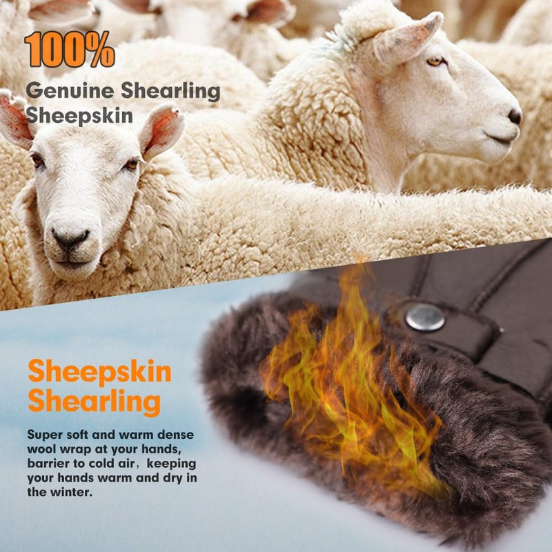 Men Shearling Gloves Winter Leather Gloves Shearling Sheepskin Gloves with