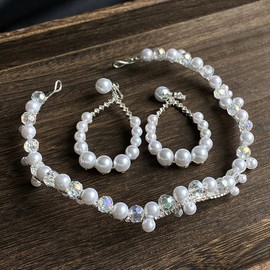 JWICOS Bride Crystal Pearl Hair Vine Earrings Set Headband Wedding Hair Accessories Headband for Party (Silver)