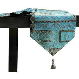 Artbisons Table Runner, 13x72 Inches Double Layer Jacquard Teal and Silver Table Runner with Tassel Mediterranean Collection for Dining Room Dresser Decor
