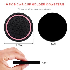 NYTKL 4PCS Car Cup Holder Coasters, 2.75 Inch Non-Slip Auto Coaster Waterproof Drink Mat, Universal Console Cup Holder Insert Anti Dust Water Bottle Pads for Cars, Trucks, SUVs (Black & Pink)