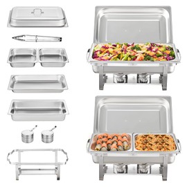 VEVOR Chafing Dish Buffet Set, 8 Qt 2 Pack, Stainless Steel Chafer with 2 Full Size Pans, Rectangle Catering Warmer Server with Glass Lid Water Pan Folding Stand Fuel Holder, for Wedding Party Banquet