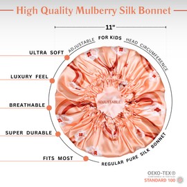Kids Silk Sleep Bonnet – 100% Pure Mulberry Silk Reversible Bonnet for Girls & Boys – Adjustable Fit for Children & Teens – For All Hair Types – Handmade USA – Double Layered 19 Momme (Peach Rainbows)