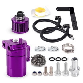 muge racing Baffled Oil Catch Can 400ml, Universal Oil Catch Can Kit with Breather Filter & Stainless Steel Wool, Installation Accessories & Premium Fuel Line Included, Alumium, Purple