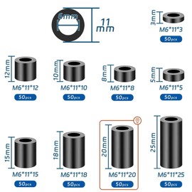 SWTYExt Spacer Sleeves M6 Round Spacers Pack of 50 Nylon Washers Plastic Spacer Sleeve ABS Rubber Spacer Insulation Washers 11 x 20 mm Black Spacers for M6 Screws
