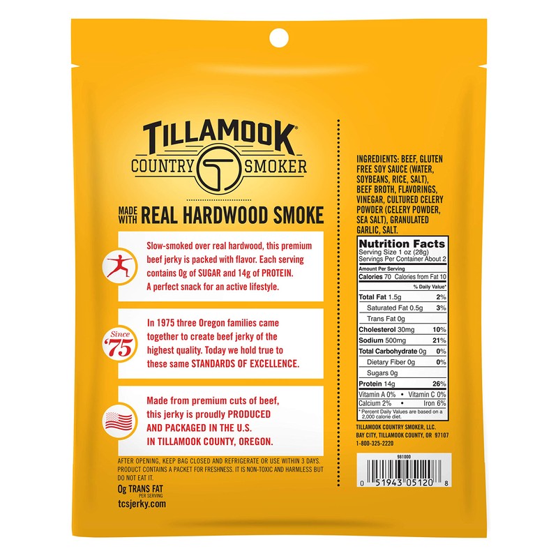 Tillamook Country Smoker Keto Friendly Zero Sugar Beef Jerky, Original,