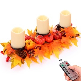 Mumufy Fall Centerpiece Thanksgiving Table Decorations Artificial Pumpkins Pine Cones Maple Leaves and Berries Flameless Remote Control Timer 3 Holder Fall Decorations (LED Candle Included)