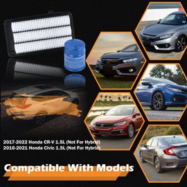 172205AAA00 Engine Air Filter & 15400-PLM-A02 Oil Filter Fit for 2017-2022 Honda CR-V, 2016-2021 Civic 1.5L (Not Fit Hybrid)