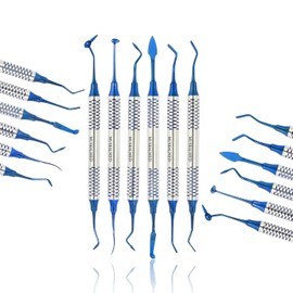 MuskalMed 6 Pcs Resin Aesthetic Repair Kit Dental Instrument Composite Resin Filling Spatula Blue Titanium Plated Head Filler Thick Handle Restoration Set DS-1619