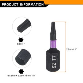 sourcing map 2pcs T7 Torx Screwdriver Bit 1/4" Hex Shank 25mm/1" Length Magnetic Star 6 Point Head Hex Bits S2 Steel Screw Driver Bit Industrial Grade Electric Drill Bits