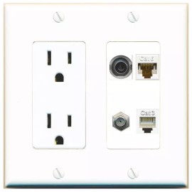 Wall Plate City 3-5MM CAT6 COAX PHONE Port Wall Plate w/Power Outlet White