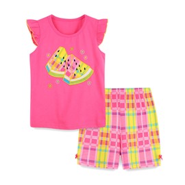 HILEELANG Girl Short Clothing Sets Easter Summer Cotton Casual Pink Watermelon Top Tee Shirts Check Shorts Beach Outfits Sets Size 6