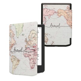 kwmobile Flip Case Compatible with Pocketbook Verse/Verse Pro/Verse Color/Vivlio Light/Light HD Case - eReader Case - Travel Lettering Black Multicoloured