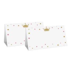 Table Place Card for Baby Shower, 25 Pcs Tent Cards Set with Pink & Gold Design, Editable Name Cards for Table Seating, Party Food Lables, Gold Crown Little Princess Baby Shower Decorations(05)