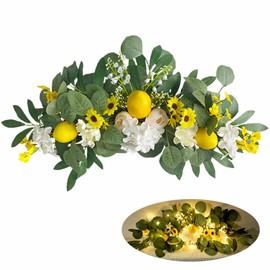 22"Lemon Flower Swag with Lights, Artificial Decorative Swags, Wedding Welcome Sign Fruit Floral Swags, Spring Summer Lintel Lemon Wreath Garland for Wedding Arch Front Door Wall Home Party Decoration