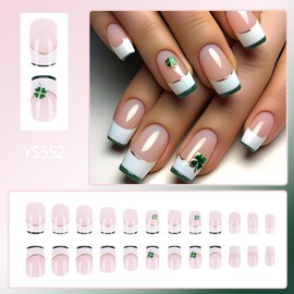 St. Patrick's Day Press on Nails Short Square Shaped Glossy Full Cover Acrylic Short Square False Nails with Clover Designs Artificial Square Fake Nails Glue ons Fingernails for Women Girls(YS552)