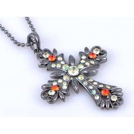 Alilang Silvery Tone Orange Colorful Crystal Rhinestone Cross Pendant Chain Necklace