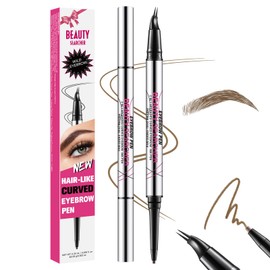 Curved Eyebrow Pen, 2-in-1 Dual Ended Eyebrow Pencil, Microblading Eyebrow Pen, 0.01mm 2 Prong Microtip and Extra Fine Tip, Create Natural Hairy Eyebrows, Waterproof, All Day Lasting (#01 Light Brown)