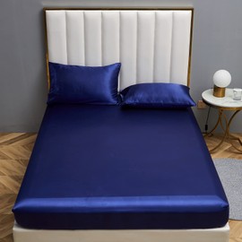 Damier Satin Fitted Sheet 200 x 200 cm Blue Glossy Silk Bed Sheet High-Quality Deluxe Plain Fitted Sheet Suitable for Mattresses up to 30 cm