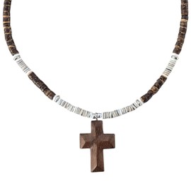 BlueRica Wood Cross Pendant on Coconut Beads and Puka Shell Accents Necklace (Brown + Grey)