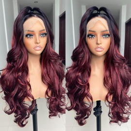 Perücke aus Kunsthaar, Ombré-Rot, mit Strähnen, 13 x 6 cm, HD, ohne Klebstoff, vorgezupft, schwarze Wurzeln mit Reflexen, Kupfer, gemischt, 99J, gewellt, 66 cm, bereit zum Tragen, für schwarze und