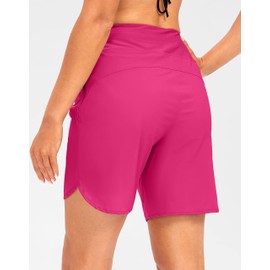 G Gradual Women's 7" Quick Dry High Waisted Swim Board Shorts with Zipper Pockets UPF 50+ Beach Shorts for Women with Liner(Rosy, S)
