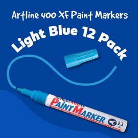 Artline 400XF Paint Markers for Wood, Plastic, and Canvas, The Ideal Waterproof Marker for Indoor/Outdoor Applications, Opaque Permanent Markers with 2.3 mm Bullet Tip, Light Blue, Pack of 12