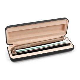 Premium Silver 24 Hole Harmonica With 48 Reeds Key of C With Protective Carry Case & Cleaning Cloth Included