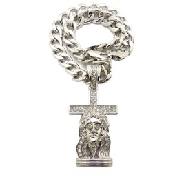 NYFASHION101 Jesus Head on Stone Stud Cross Pendant with 11mm Cuban Chain Necklace, Silver-Tone, 18"