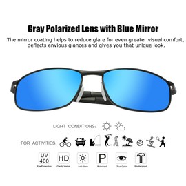 anteojos de sol polarizadas para hombre, ZHILE 8-base, marco de metal curvado para pesca, deporte, conducción con funda para anteojos de sol, Black Frame Blue Mirrored Lens, M