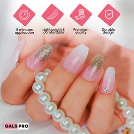 GALSPRO Short Press on Nails - Set of 24 Fake Nails with Designs in 12 Different Sizes for Perfect Fit, Cute False Nails Kit for Women with 0.07oz Nail Glue (BLUSH & SHINE COFFIN SHAPE, Short)