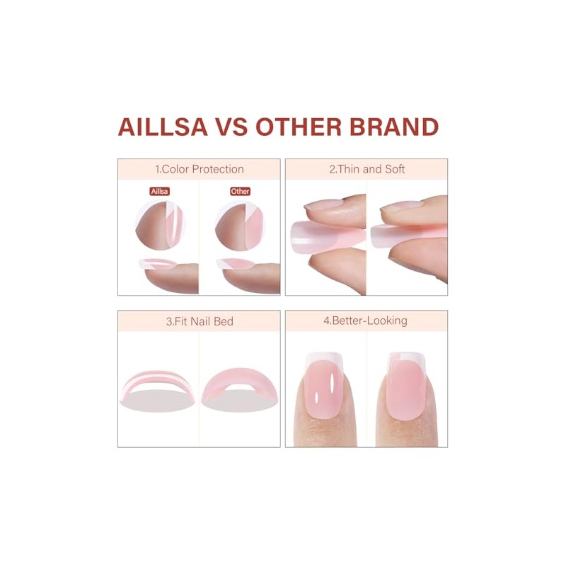 AILLSA Uñas Francesas Cortas Y Cuadradas, 180 Unidades De Uñas