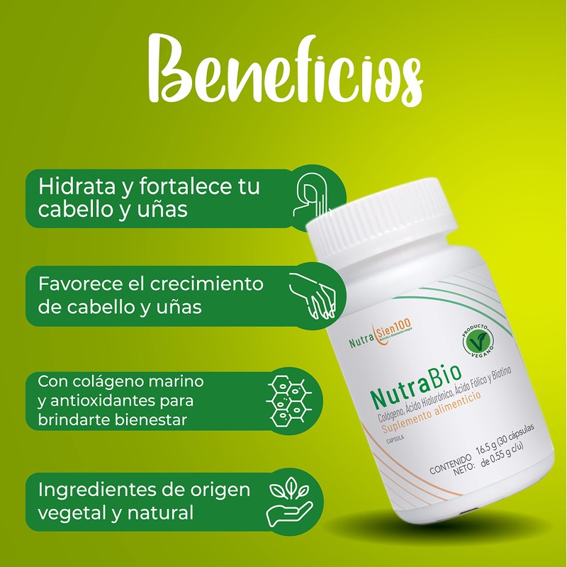 Nutrasien100 Colágeno Biotina Ácido Hialuronico Suplemento Vegano 30 Cápsulas