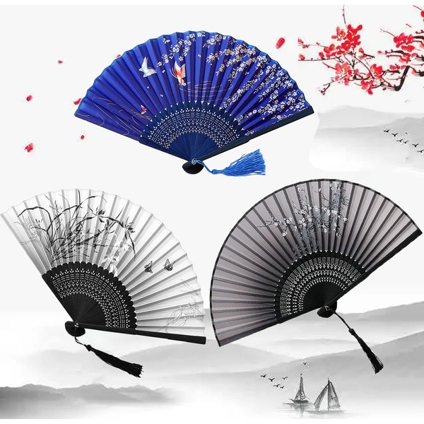Set of 3 Folding Fans with Silk and Bamboo Fringe Japanese Style with Sakura Flower Hand Fan for Decoration Wedding Party Gift (Approx. 38 x 21 cm)