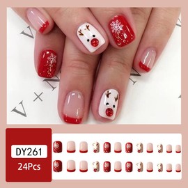 Christmas Press on Nails Short Square Red Cute Fake Nails with Winter Snow Design French Tip Acrylic Nails Acrylic Glue on Nails Extra Short Artificial Nails Deer Stick on Nails for Women
