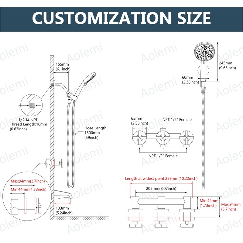Aolemi 3 Handles Tub Shower Faucet Set with Valve Bathtub