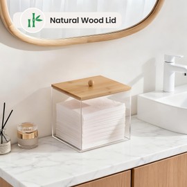 Puricon Acrylic Disposable Facial Towels Holder, Clear Storage Bin with Wood Lid Compatible with Clean Skin Club Towel (NOT Included), Face Towelettes Container for Bathroom Counter -Nature